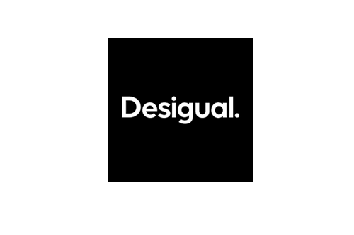 Black square logo with white “Desigual” text centered on a plain white background.