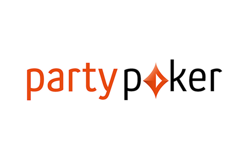 PartyPoker logo with orange “party” and black “poker” text, featuring a diamond-shaped icon between words.
