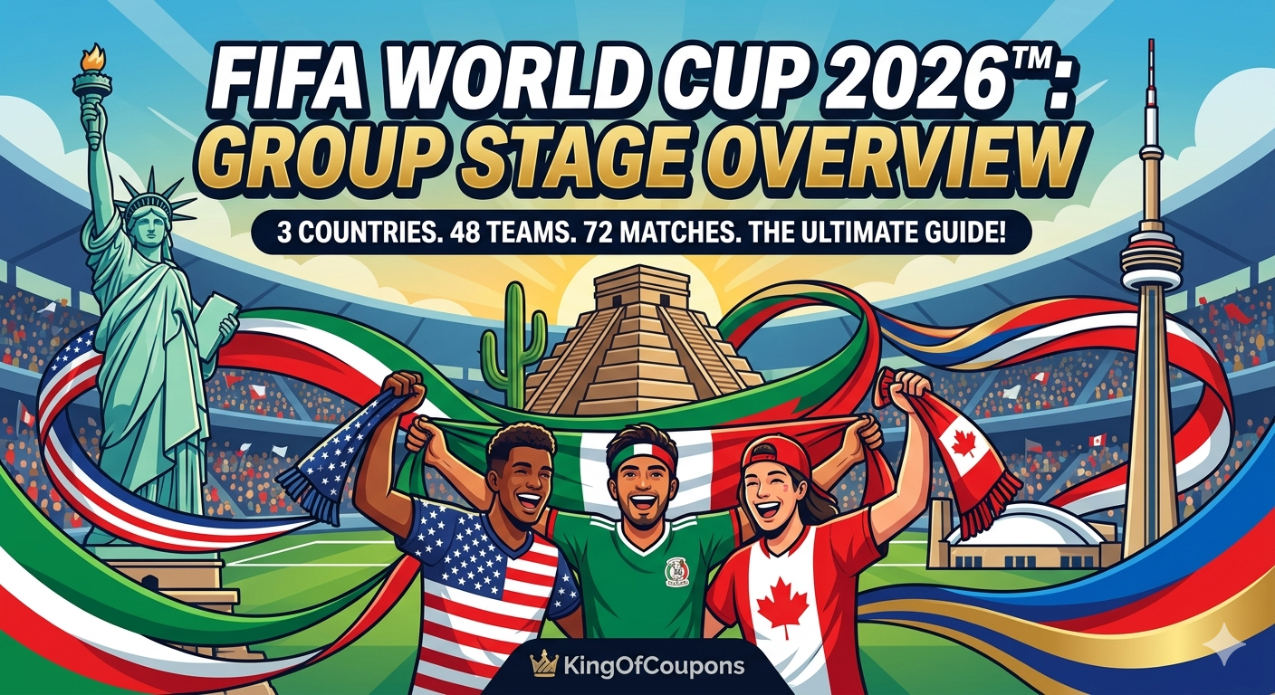 FIFA World Cup 2026 group stage overview banner with cheering fans, flags, stadium, and Statue-like icons.