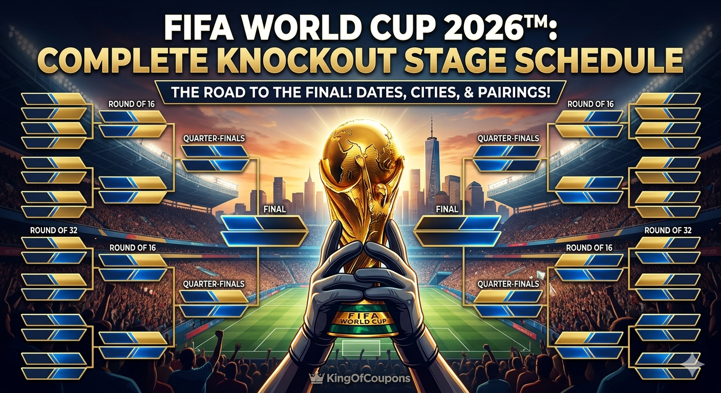 FIFA World Cup 2026 knockout bracket graphic with gold trophy over packed stadium, stage schedule text.