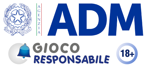 Italian government logos with “ADm”, “Gioco Responsabile”, a bell icon, and “18+” badge.