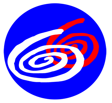 Concentric spiral maze with red and white paths inside a blue circular background.
