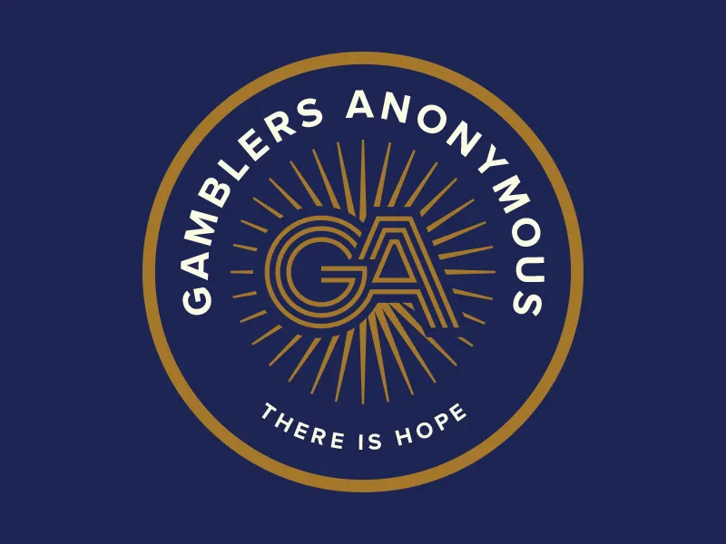 Circular “GAMBLERS ANONYMOUS” logo with gold rays, central GA monogram, and “THERE IS HOPE” text.