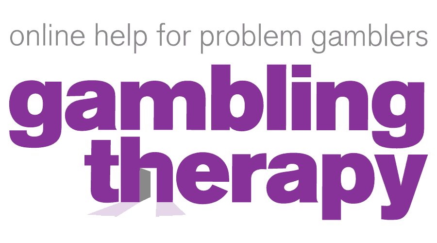 Purple text reads “gambling therapy” with “online help for problem gamblers” above on white background.
