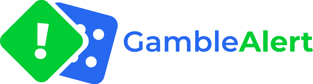 Green warning icon with exclamation mark beside blue game controller logo and “GambleAlert” text.