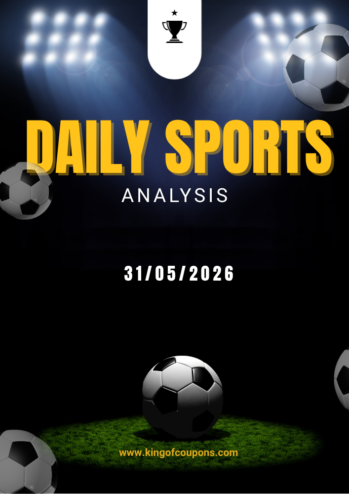 Soccer balls and stadium lights surround “Daily Sports Analysis” text with date 31/05/2026 on dark background.