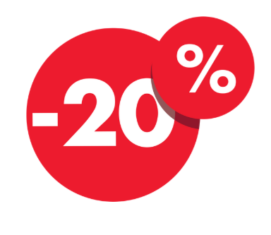 Red heart-shaped graphic with “-20%” text and a smaller red circle showing “%” discount.