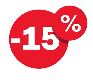 Red heart-shaped discount graphic showing “-15” and a “0%” badge overlay.