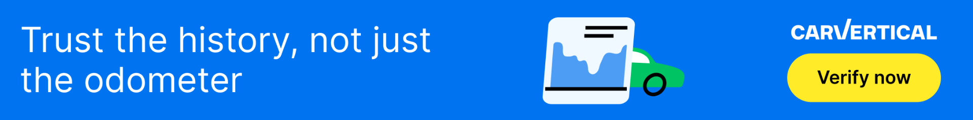 Blue banner with text “Trust the history, not just the odometer,” plus phone icon and “Verify now” button.