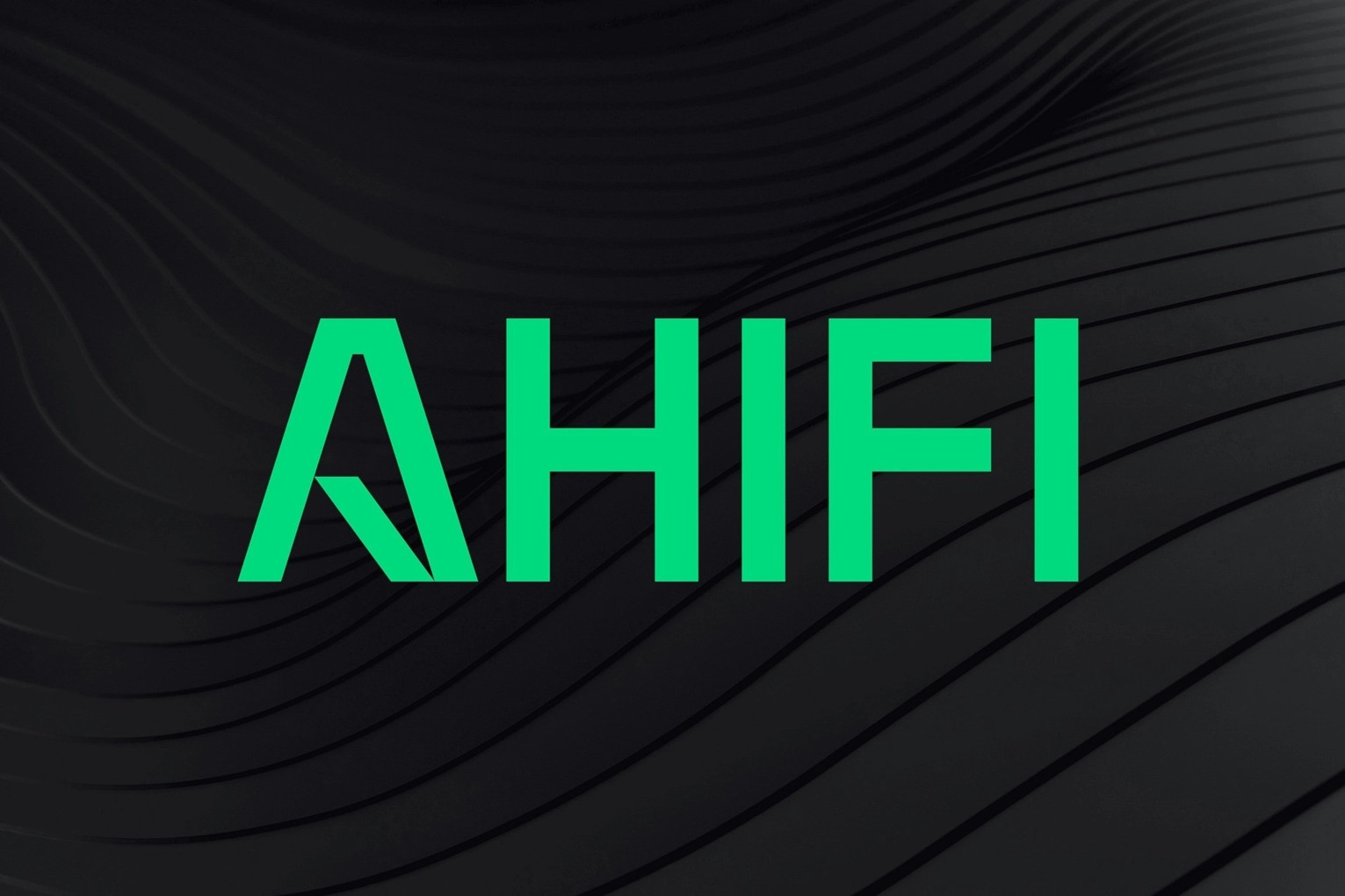 Green “AHIFI” text over dark curved lines background with subtle glow and depth.