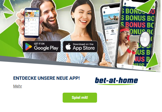 Smiling couple holding smartphones showing app screens, with Google Play and App Store badges and bonus banner.