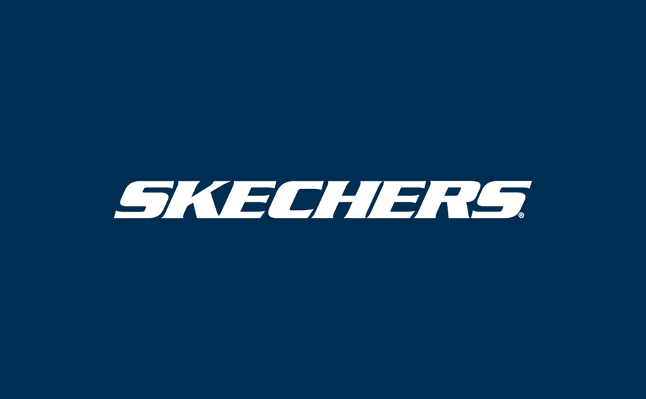 SKECHERS logo in white letters on a dark blue background.