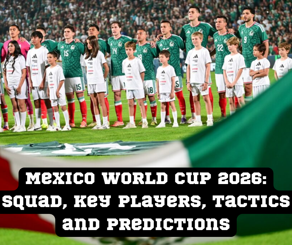 Mexico World Cup 2026 team lineup in green jerseys standing on field, with text overlay.