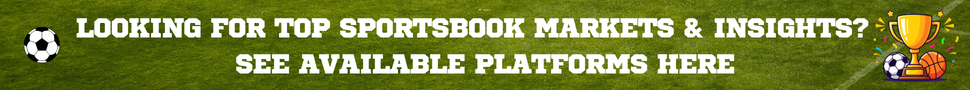 Green soccer field banner with trophy and ball icons, text inviting top sports betting markets and insights.