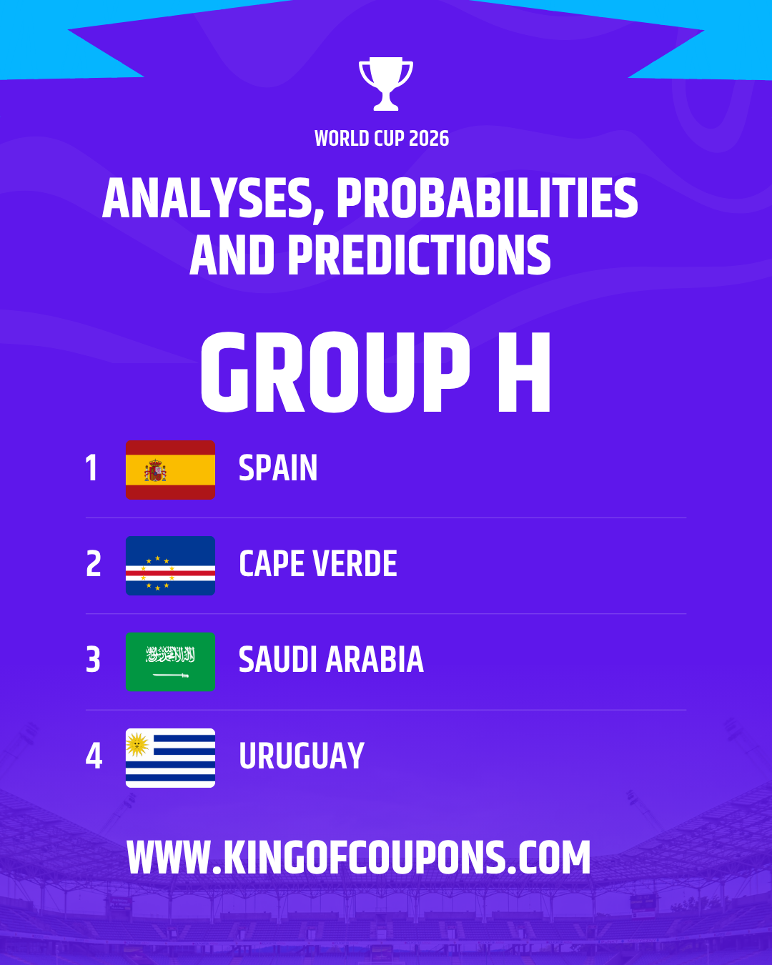 World Cup 2026 graphic listing top four teams: Spain, Cape Verde, Saudi Arabia, Uruguay.