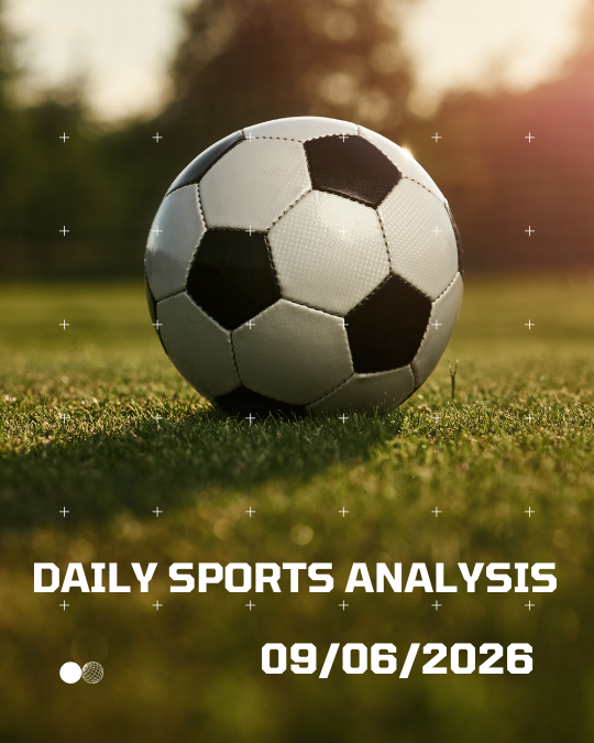 Soccer ball on green field with stadium lights, “DAILY SPORTS ANALYSIS” text and date 08.06.2026.