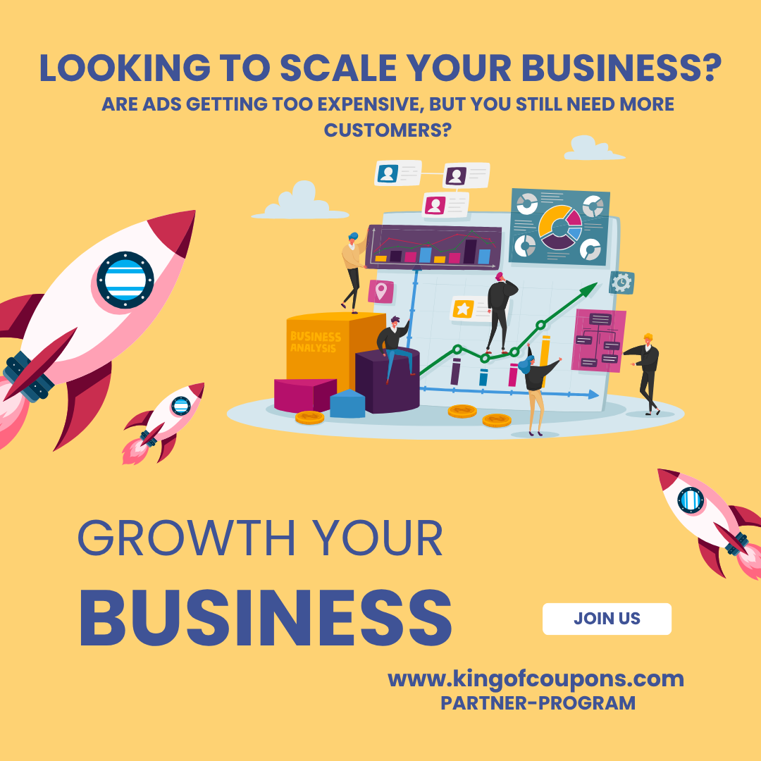 Illustration shows marketers analyzing ads, charts, and customers, with rocket icons and promotional text.