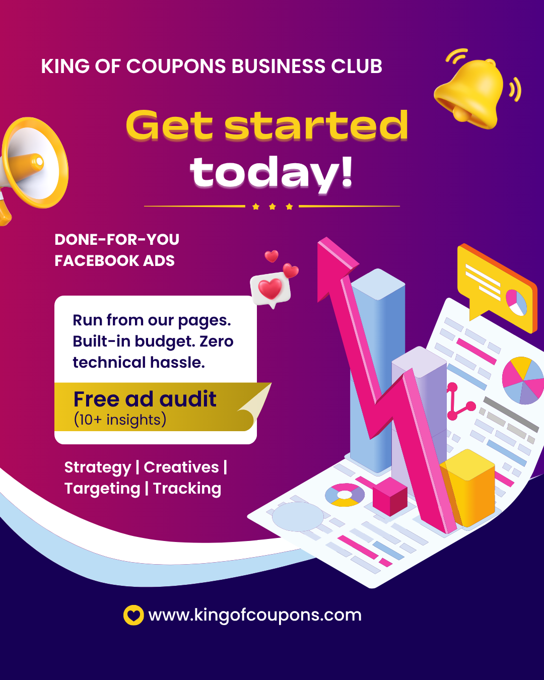 Purple marketing banner for King of Coupons Business Club, “Get started today” with megaphone and ad icons.