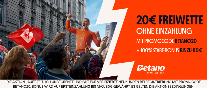 Crowd cheers in city street while orange promotional banner advertises Betano 20€ freebet without deposit.