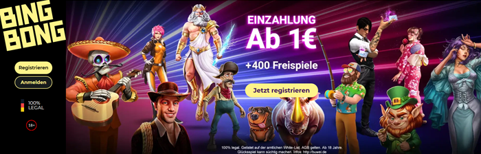 Colorful cartoon characters and game promo banner with German text, “FINZAH LUNG Ab 1€” and “Jetzt registrieren”.