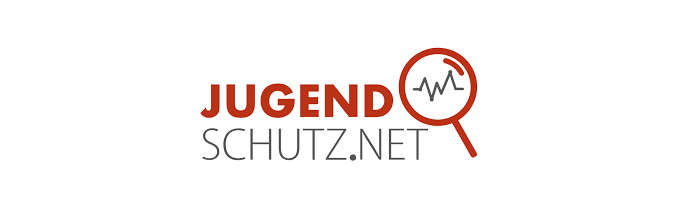 Logo reading Jugend Schutz.Net with a magnifying glass over a heartbeat line icon.