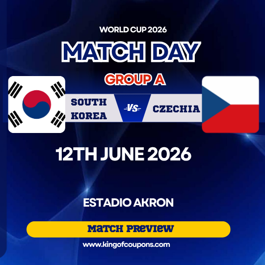 World Cup 2026 match day graphic: South Korea vs Czechia, June 12, Estadio Akron, group A.