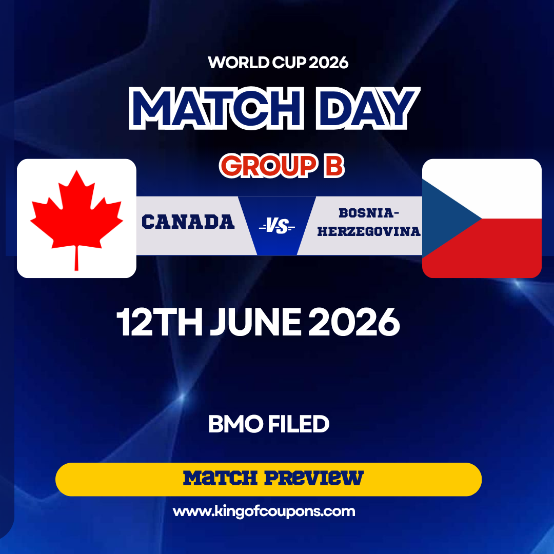 World Cup 2026 match day graphic: Canada vs Bosnia-Herzegovina, June 12, with flags and match preview button.
