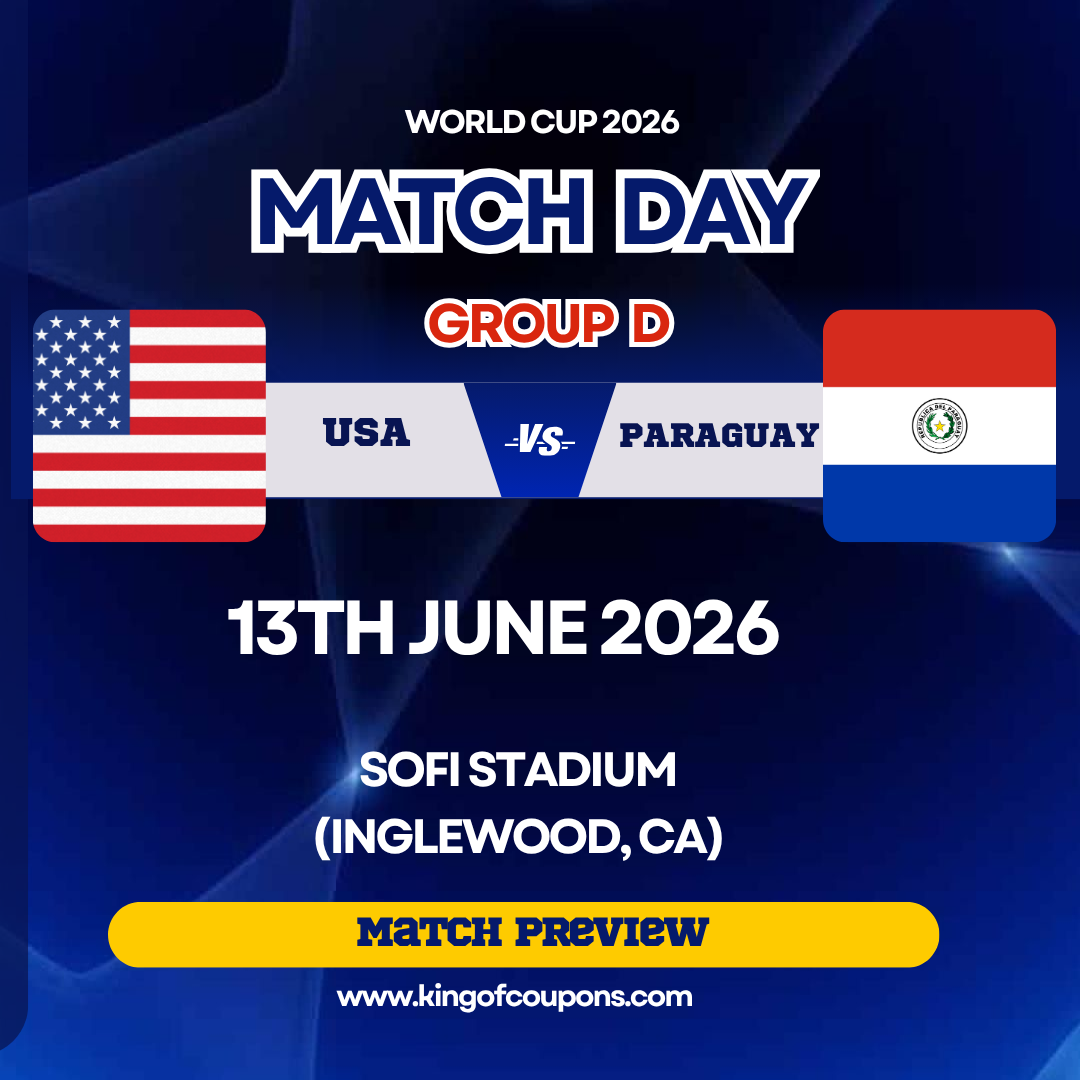 World Cup 2026 match day graphic: USA vs Paraguay, Group D, June 13, Sofi Stadium, Inglewood.