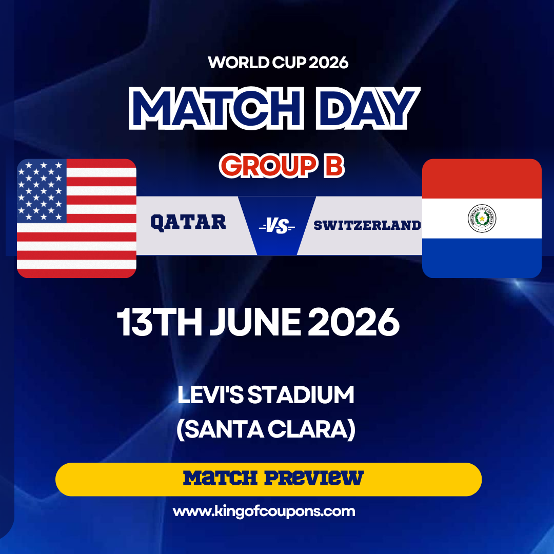 World Cup 2026 match day graphic: Qatar vs Switzerland, Group B, June 13, Levi’s Stadium.