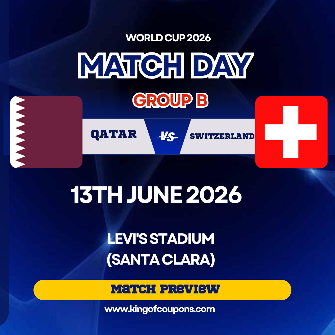 World Cup 2026 match day graphic: Qatar vs Switzerland, Group B, June 13, Levi’s Stadium.
