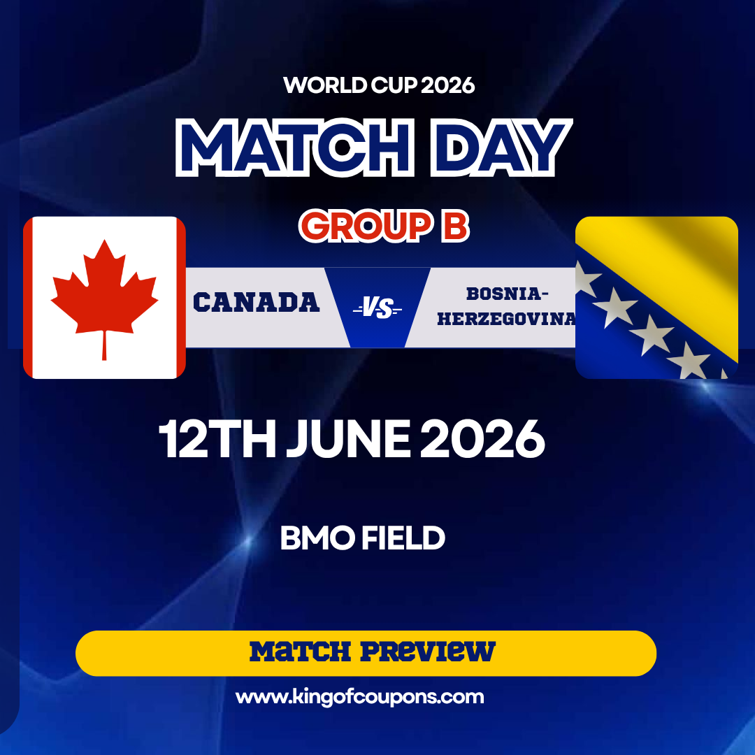World Cup 2026 match day graphic: Canada vs Bosnia-Herzegovina, Group B, June 12, BMO Field.