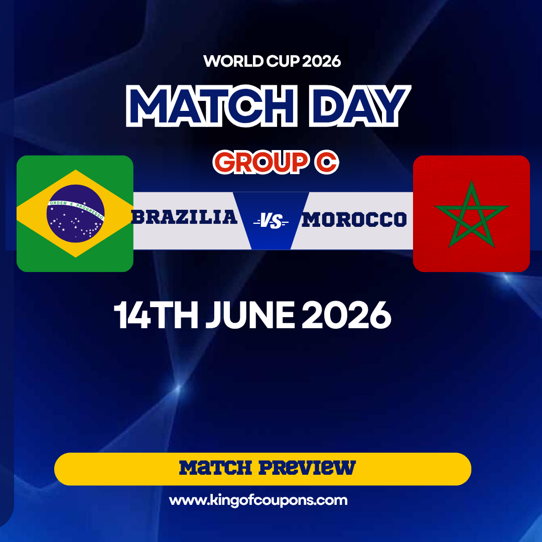 World Cup 2026 match day graphic showing Brazil vs Morocco, group C, date 14th June 2026.