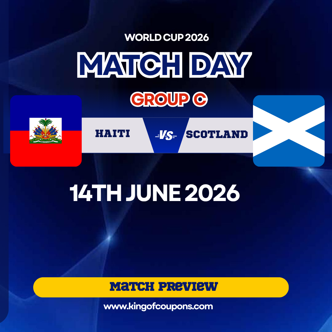 World Cup 2026 match day graphic showing Haiti vs Scotland, flags, date June 14, 2026.