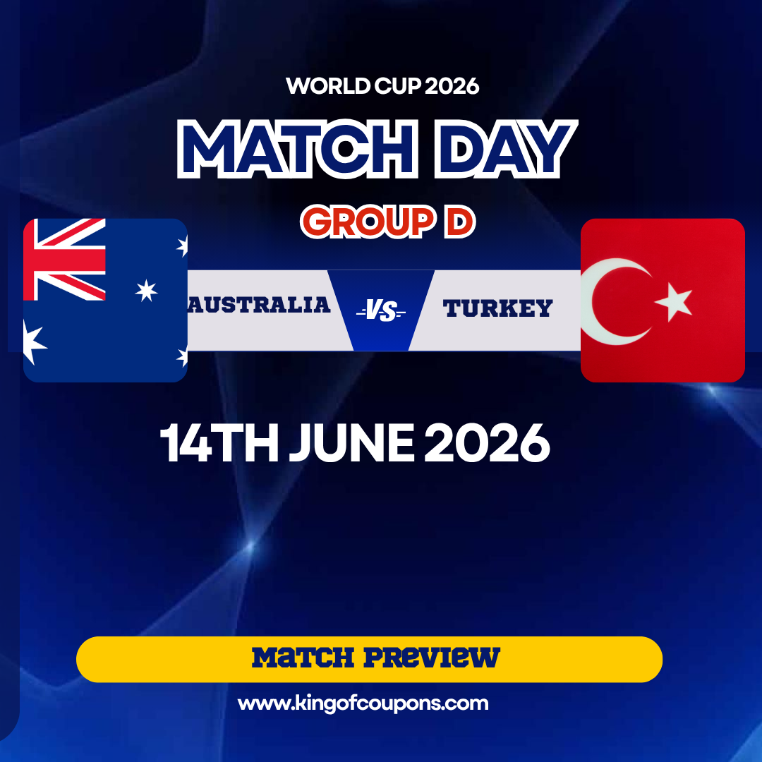 World Cup 2026 match day graphic: Australia vs Turkey, Group D, date 14 June 2026.
