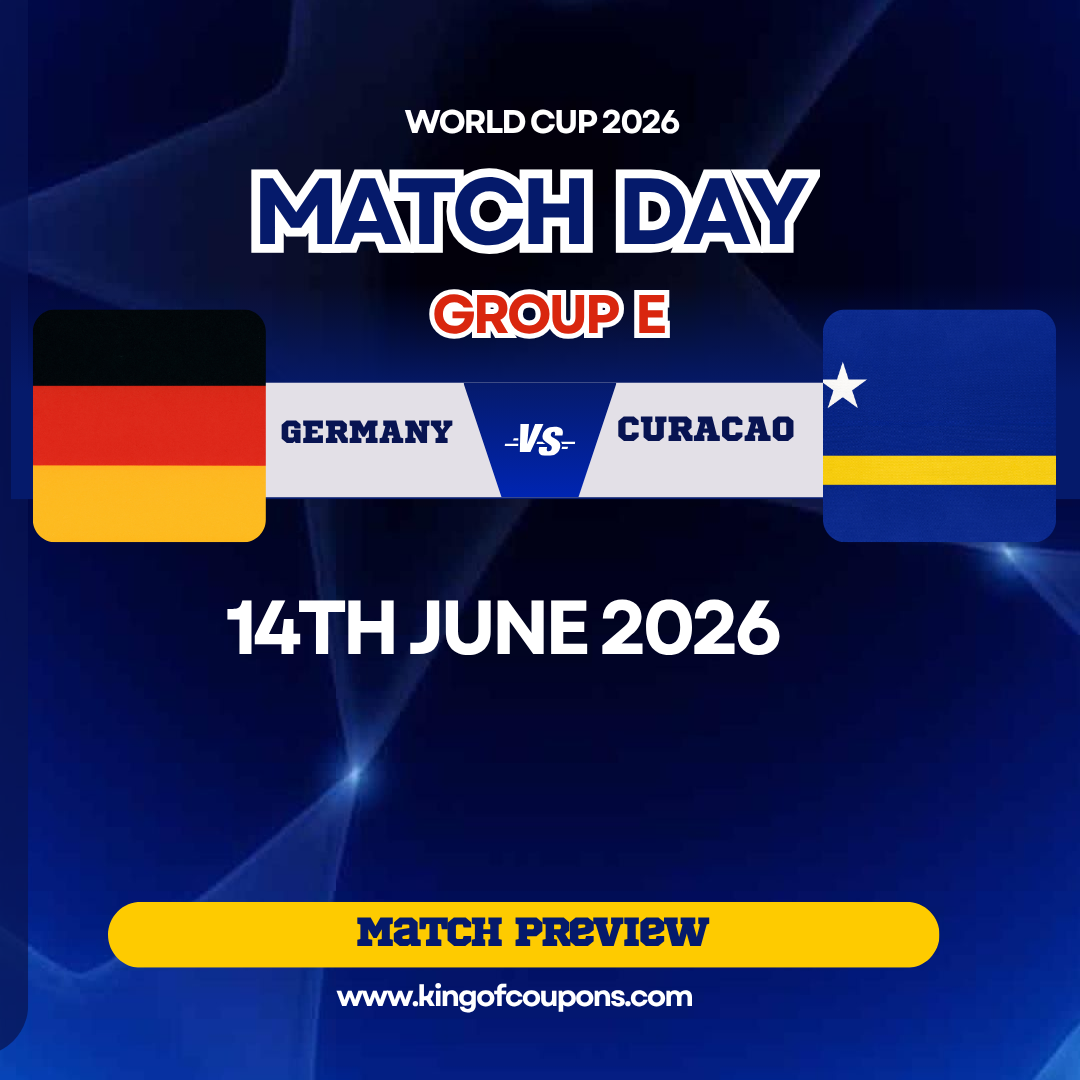 World Cup 2026 match day graphic: Germany vs Curacao, June 14, 2026, with flags and preview button.