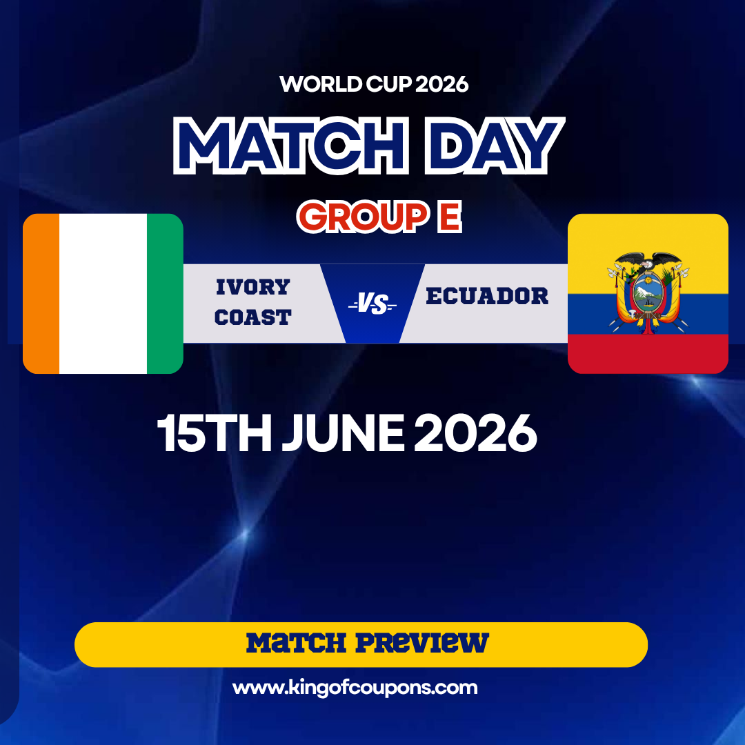 World Cup 2026 match day graphic: Ivory Coast vs Ecuador, June 15, with flags and match preview button.