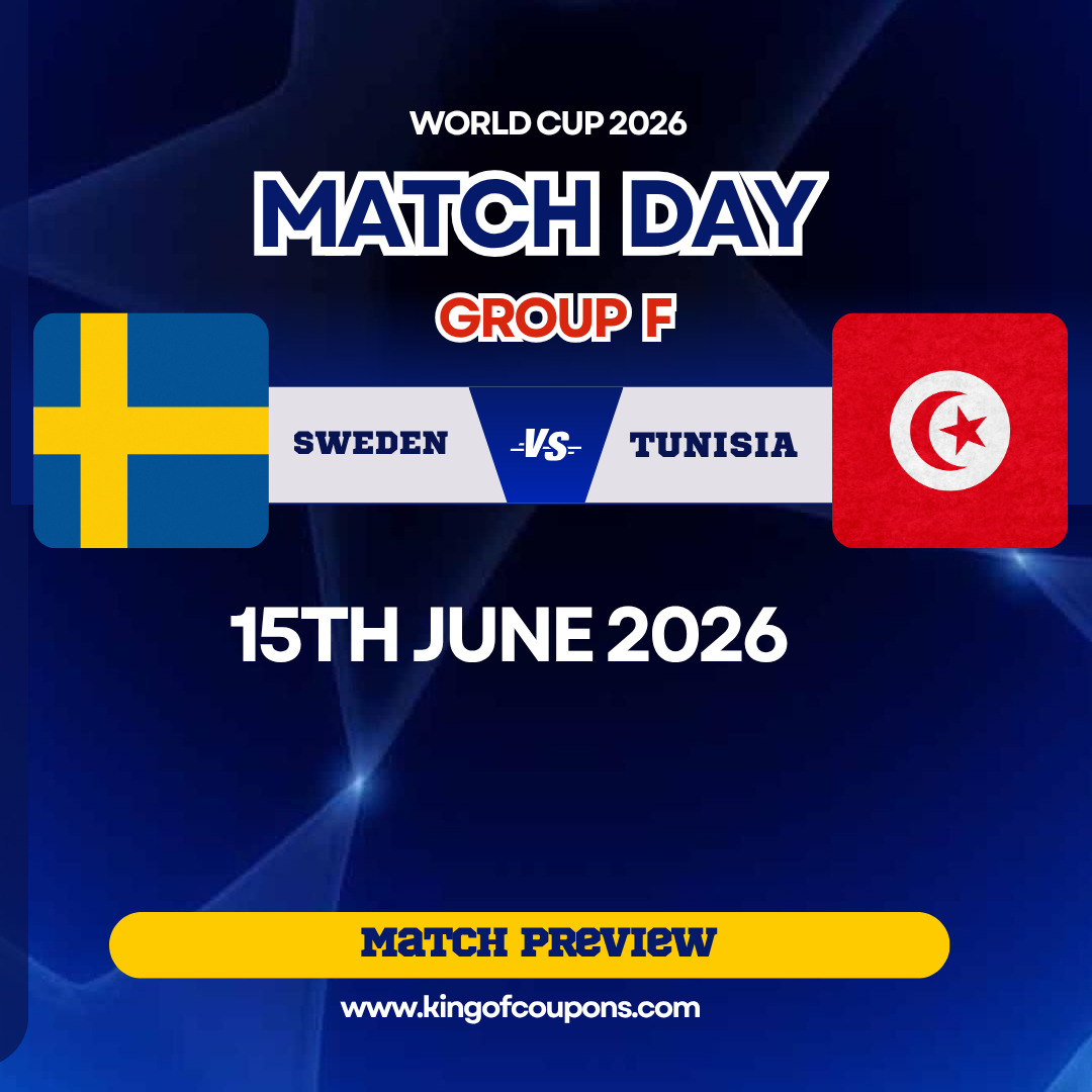 World Cup 2026 match day graphic: Sweden vs Tunisia, Group F, June 15, with flags and preview button.