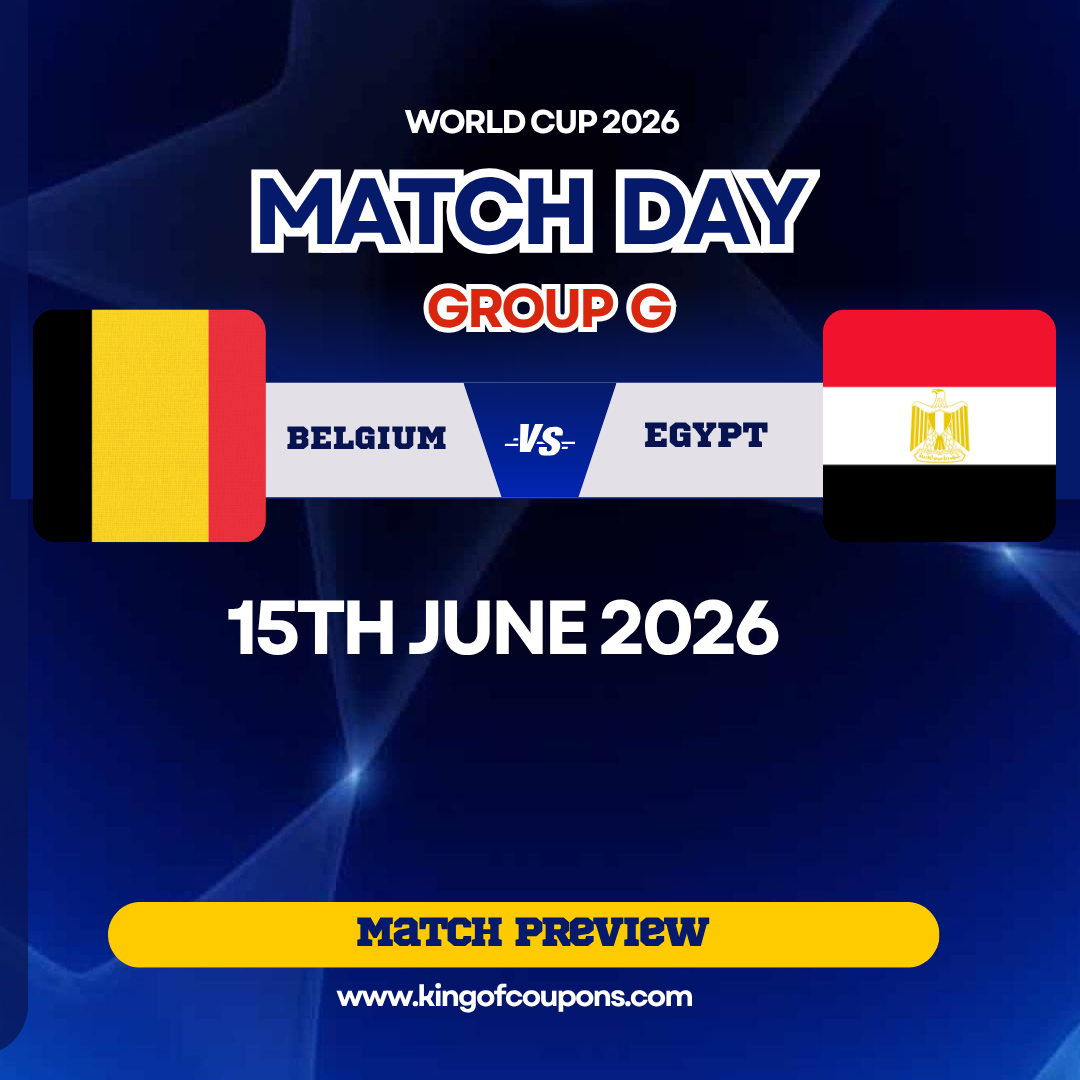 World Cup 2026 match day graphic: Belgium vs Egypt, Group G, June 15, with flags and preview button.