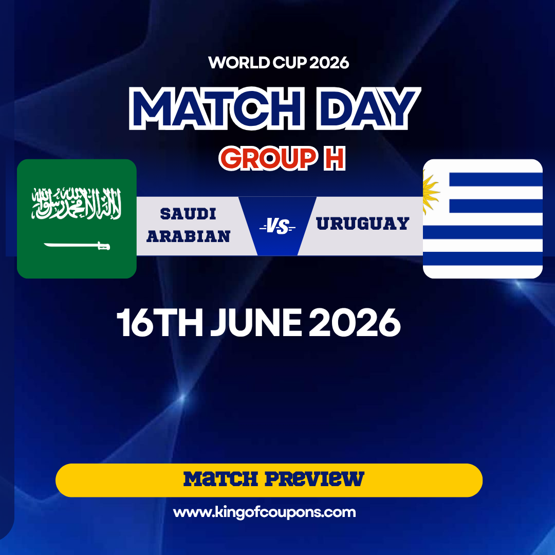 World Cup 2026 match day graphic: Saudi Arabia vs Uruguay, Group H, June 16, 2026.