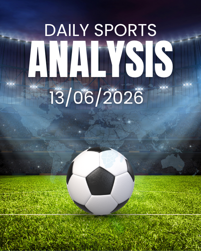 Soccer ball on green field with stadium lights, world map background, and “Daily Sports Analysis” text.