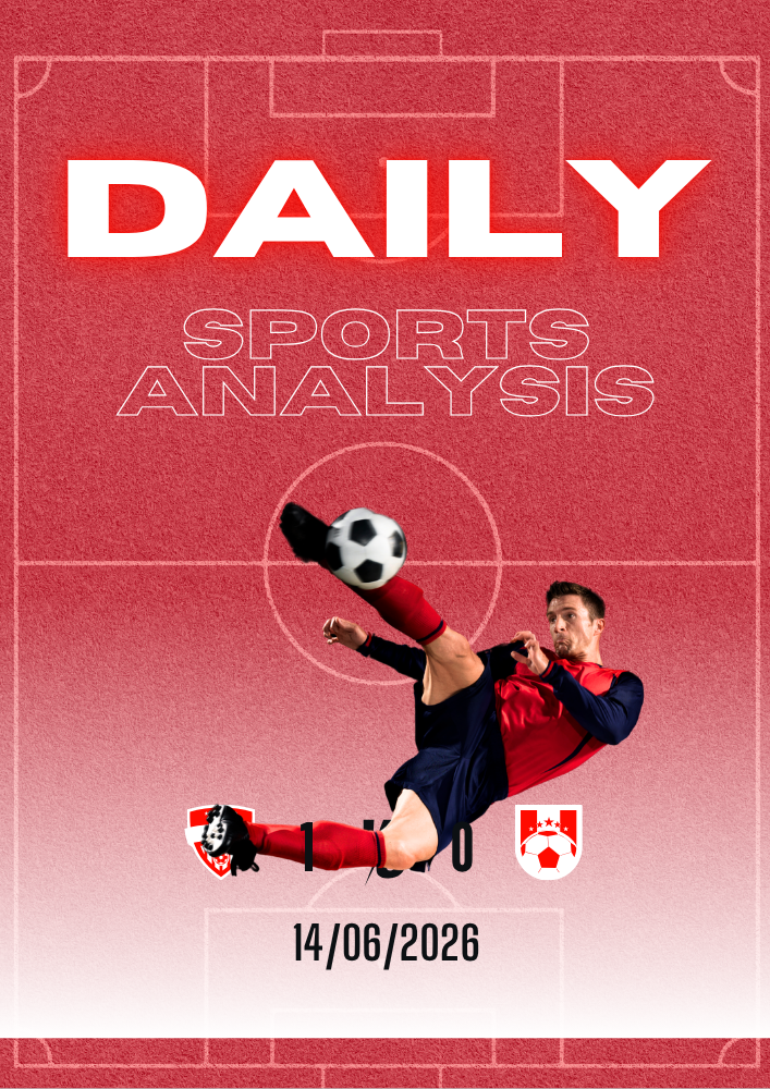 Red sports poster reading Daily Sports Analysis with a soccer player juggling a ball, date 14/06/2026.