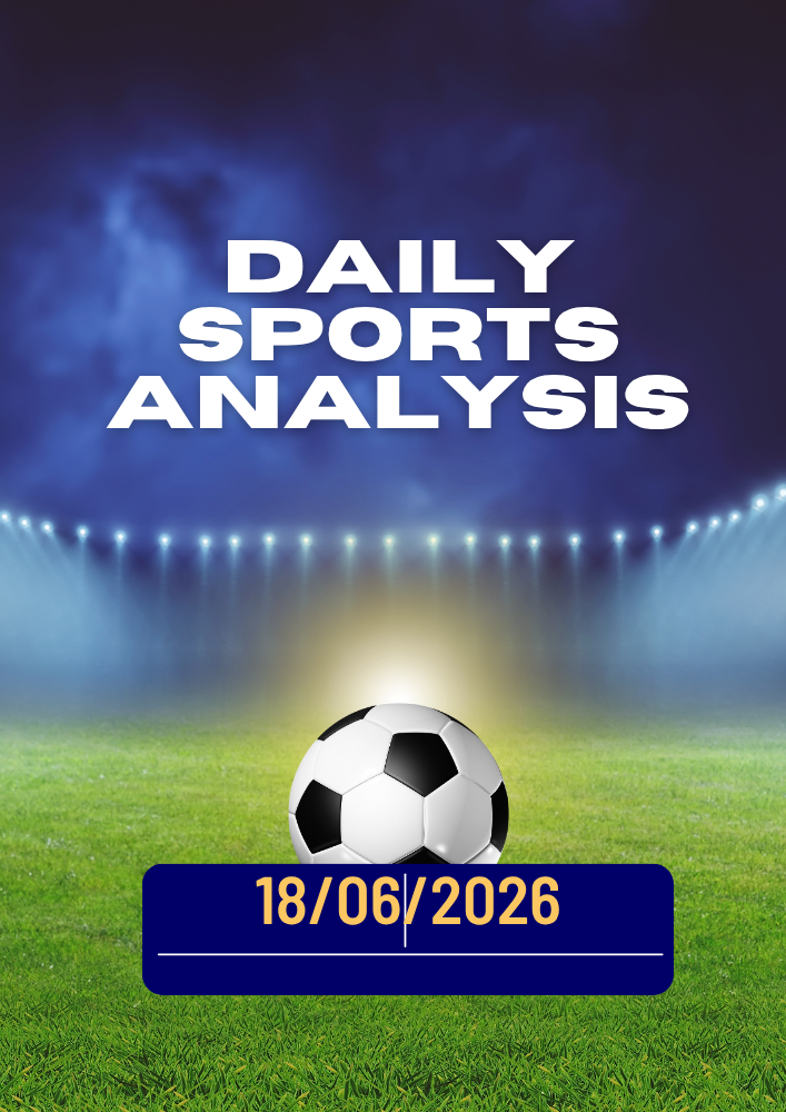 Soccer ball on green field with stadium lights and “DAILY SPORTS ANALYSIS” text, date banner below.