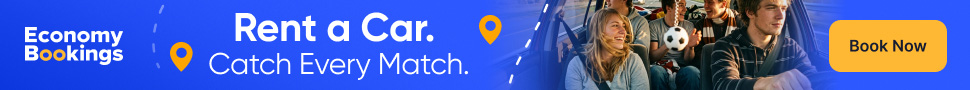 Blue car rental banner with “Rent a Car” text and smiling passengers on a bus.