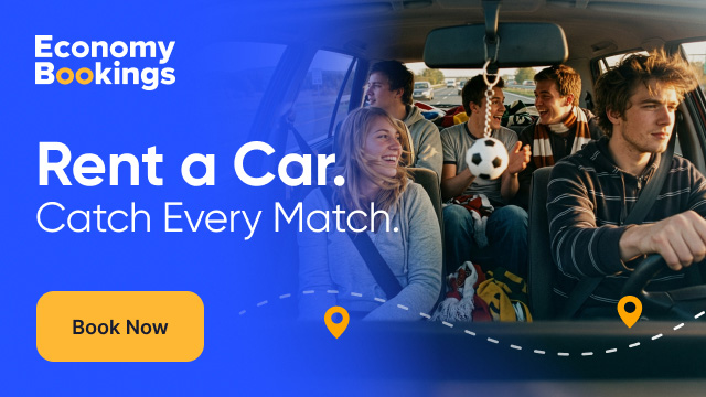 Group of friends in a rented car, watching a soccer match, with “Rent a Car” promotional text.