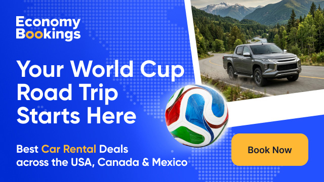 Promotional banner for Economy Bookings featuring a road trip truck, soccer ball, and “Book Now” button.