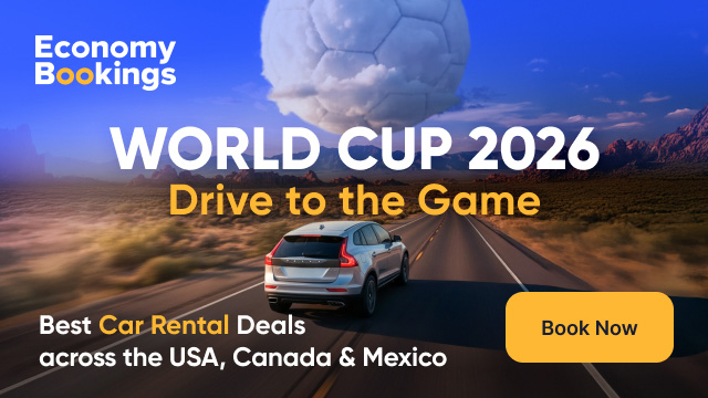 Blue highway scene with soccer ball cloud, car driving, and Economy Bookings World Cup 2026 promotional text.
