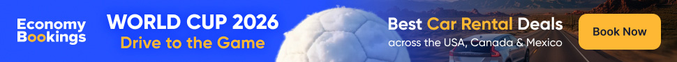 Banner showing World Cup 2026 promotion, Economy Bookings, and car rental deals with “Book Now” button.