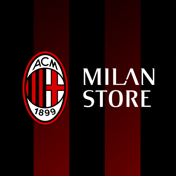 AC Milan crest beside “MILAN STORE” text on red and black vertical stripes background.