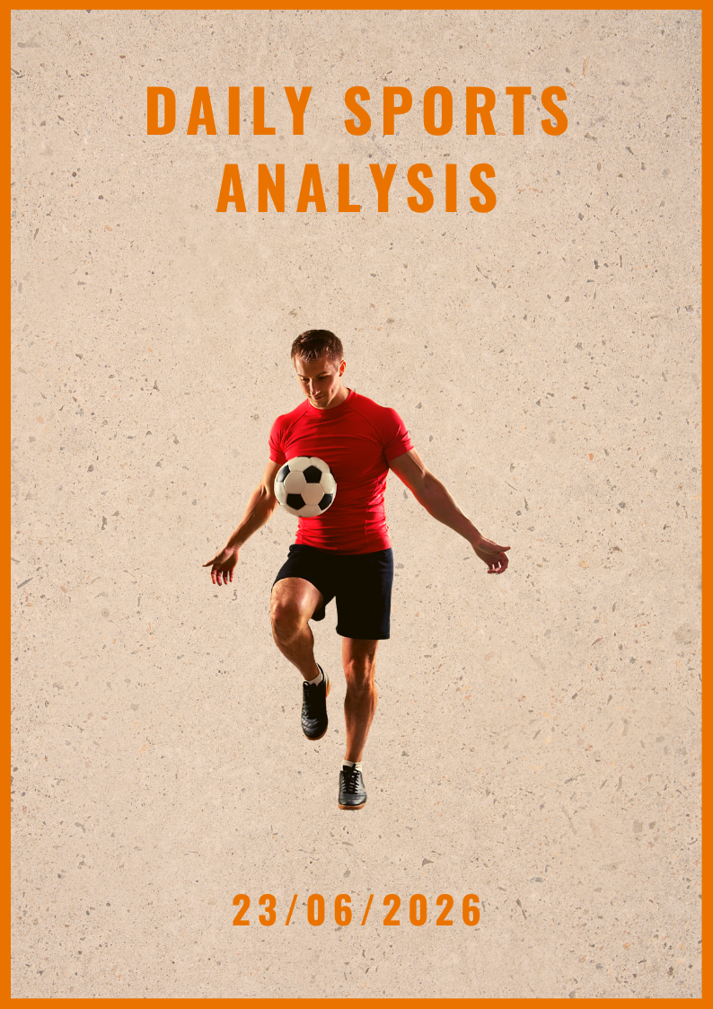 Runner in red shirt dribbling a soccer ball on concrete background with “Daily Sports Analysis” text.