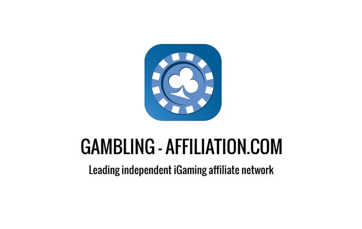 Blue casino chip icon above text “GAMBLING-AFFILIATION.COM” and “Leading independent iGaming affiliate network” on white background.